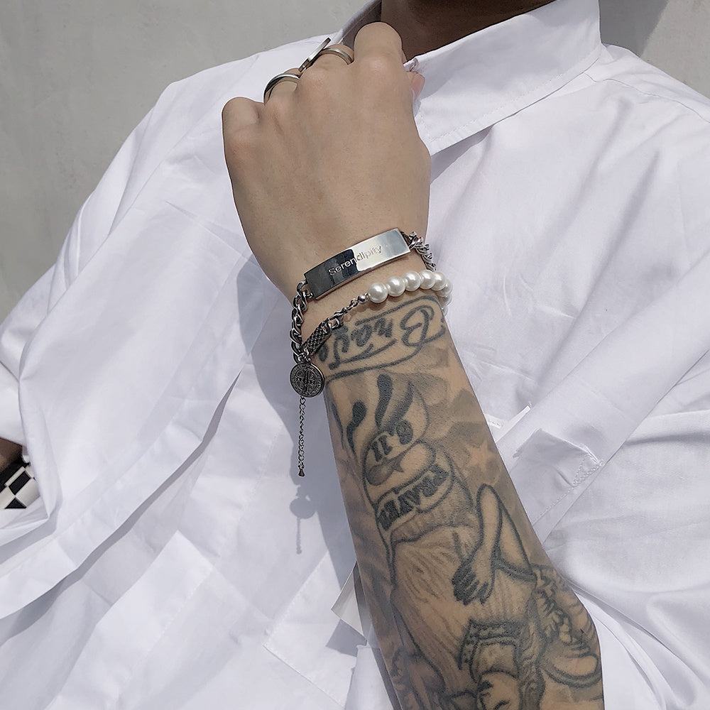 Perlen-Armband mit Madonna-Medaille & Kette – Verstellbar, Unisex | Titanstahl