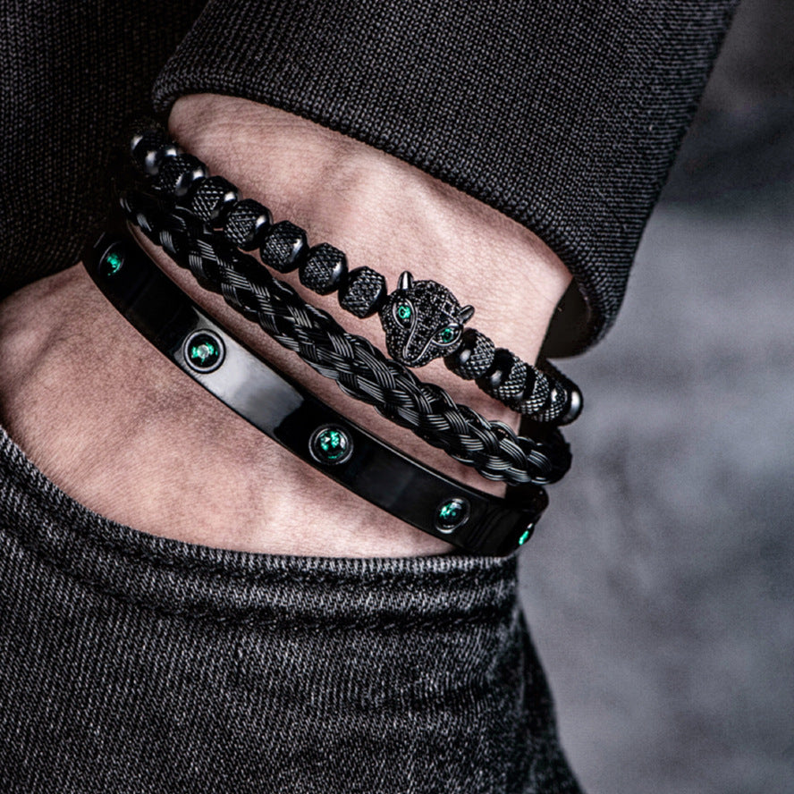 Panther-Armband-Set (3-teilig) – Edelstahl & grüne Zirkonia