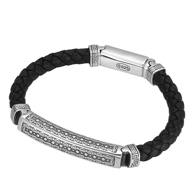 Geflochtenes Lederarmband TYR mit 925er Silber – Nordisches Muster